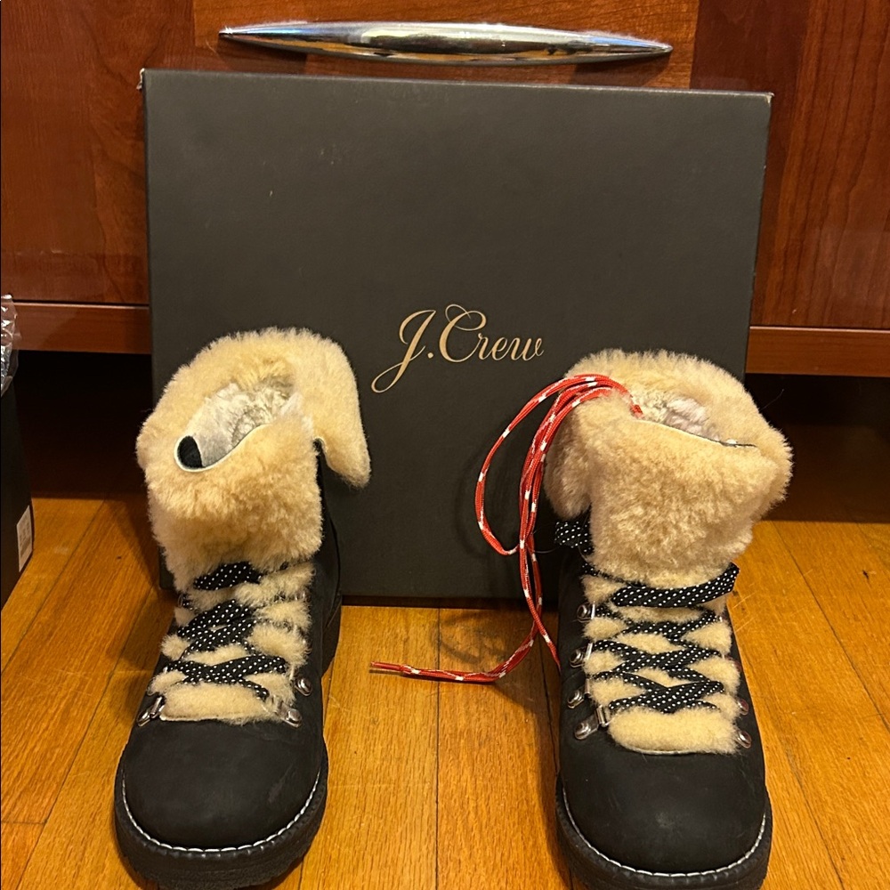 J. Crew Black and Tan Fur-Lined Boots